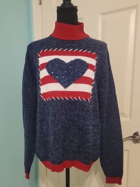 Tiara International Red White And Blue  Heart Patch Sweater